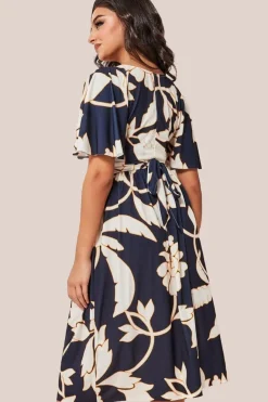 Leaf Print Flutter Sleeve Midi - Navy by Goddiva