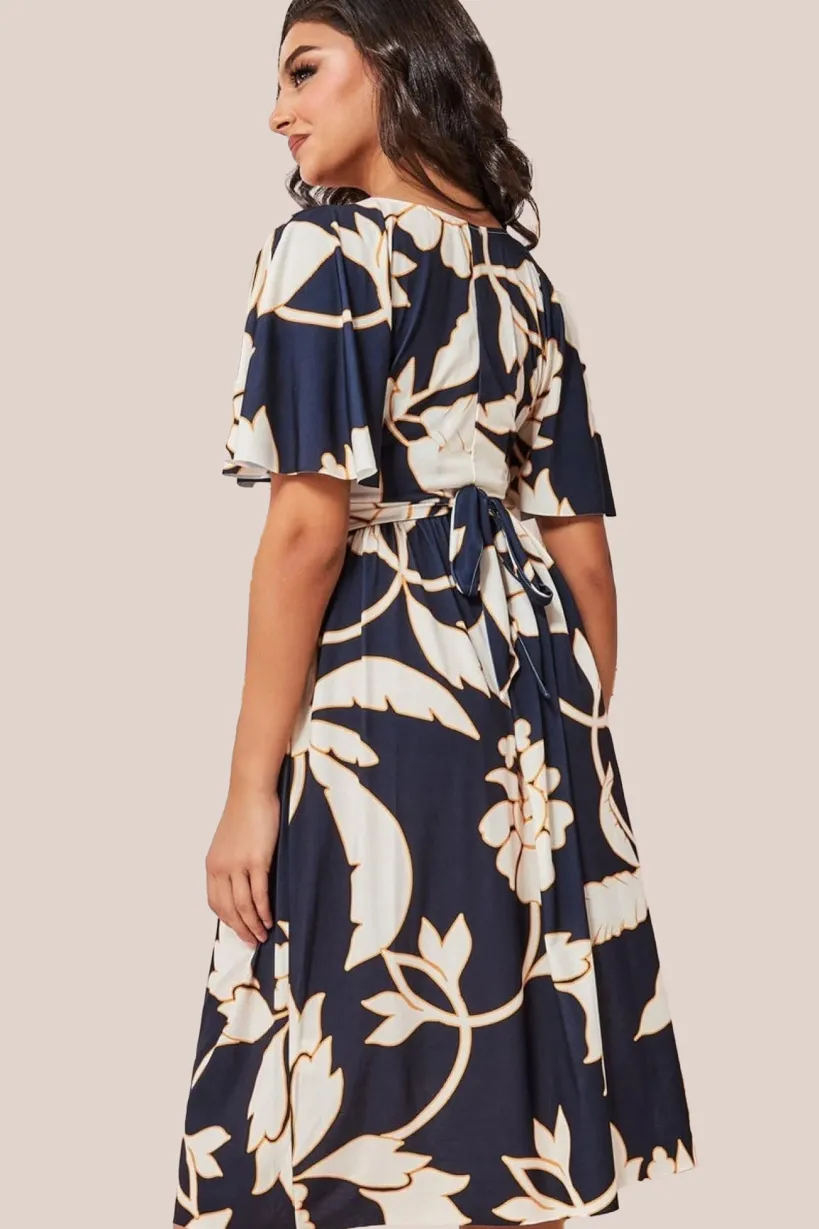 Leaf Print Flutter Sleeve Midi - Navy by Goddiva