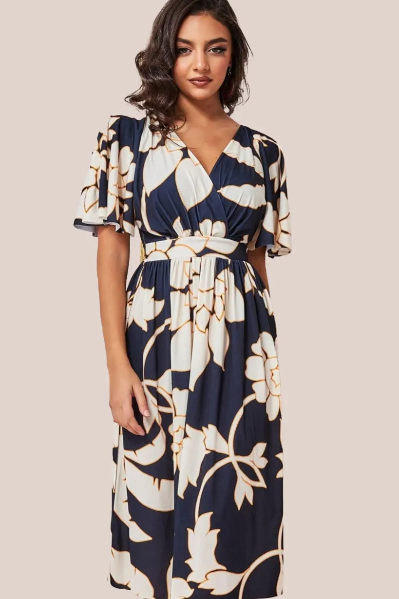 Leaf Print Flutter Sleeve Midi - Navy by Goddiva