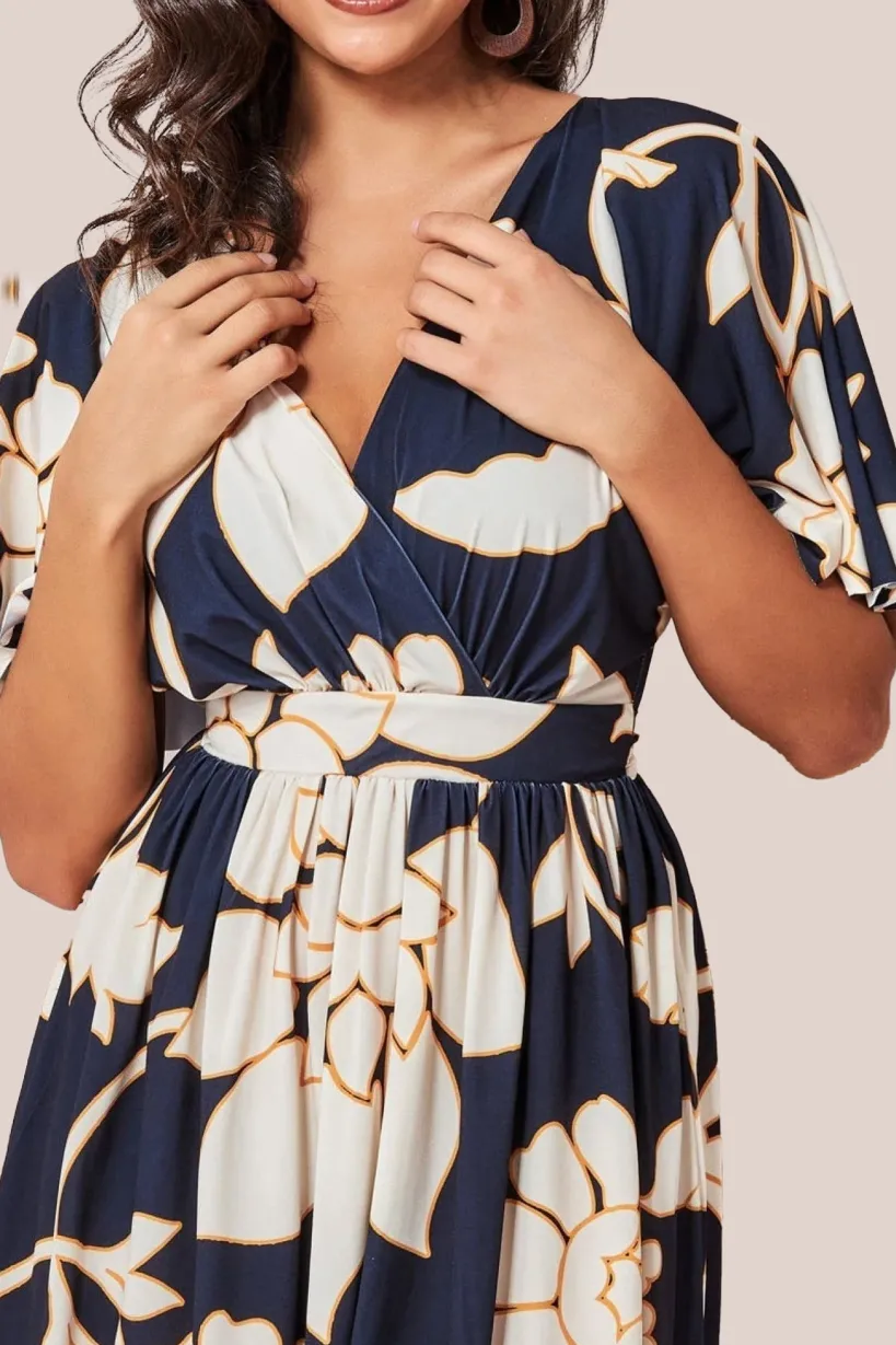 Leaf Print Flutter Sleeve Midi - Navy by Goddiva