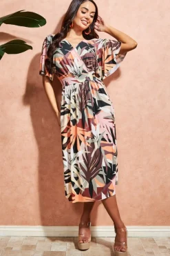 Leaf Print Midi With Flutter Sleeves - Brown Print by Goddiva