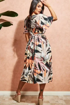 Leaf Print Midi With Flutter Sleeves - Brown Print by Goddiva