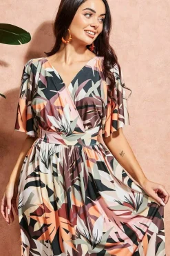 Leaf Print Midi With Flutter Sleeves - Brown Print by Goddiva
