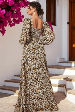 Leaf Print Shirred Back Maxi Dress - Leaf Print by Goddiva
