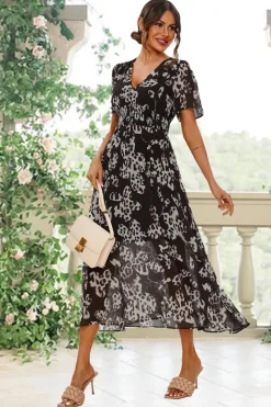 Leopard Floral Print Angel Sleeve Maxi Dress In Black by FS Collection