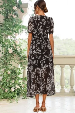 Leopard Floral Print Angel Sleeve Maxi Dress In Black by FS Collection