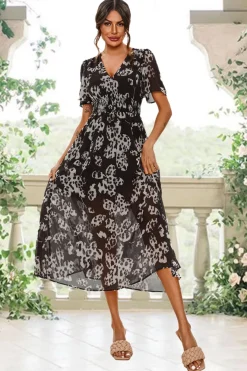 Leopard Floral Print Angel Sleeve Maxi Dress In Black by FS Collection
