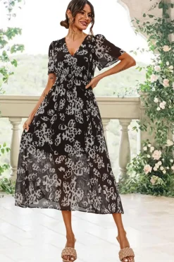 Leopard Floral Print Angel Sleeve Maxi Dress In Black by FS Collection