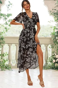 Leopard Floral Print Angel Sleeve Maxi Dress In Black by FS Collection