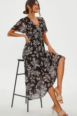 Leopard Floral Print Angel Sleeve Maxi Dress In Black by FS Collection