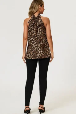 Leopard Print Foil Halter Neck Tie Back Top In Brown by FS Collection