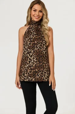 Leopard Print Foil Halter Neck Tie Back Top In Brown by FS Collection