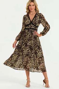 Leopard Print Foil Lace Trim Long Sleeve Maxi Dress In Brown by FS Collection