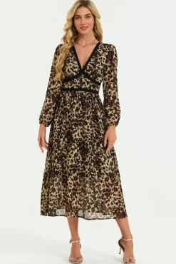 Leopard Print Foil Lace Trim Long Sleeve Maxi Dress In Brown by FS Collection