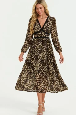 Leopard Print Foil Lace Trim Long Sleeve Maxi Dress In Brown by FS Collection