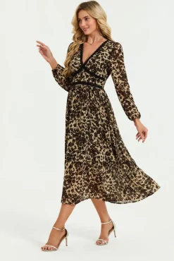 Leopard Print Foil Lace Trim Long Sleeve Maxi Dress In Brown by FS Collection