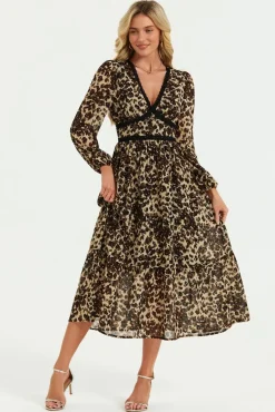 Leopard Print Foil Lace Trim Long Sleeve Maxi Dress In Brown by FS Collection