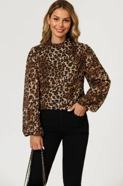 Leopard Print Foil Long Sleeve High Neck Top In Brown by FS Collection