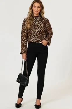 Leopard Print Foil Long Sleeve High Neck Top In Brown by FS Collection