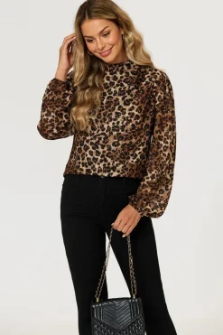 Leopard Print Foil Long Sleeve High Neck Top In Brown by FS Collection