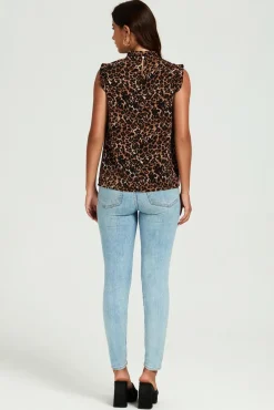 Leopard Print Frill Trim Sleeve Frill Neck Blouse Top In Brown by FS Collection