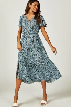 Leopard Print Hem Tiered Wrap Midi Dress In Blue by FS Collection