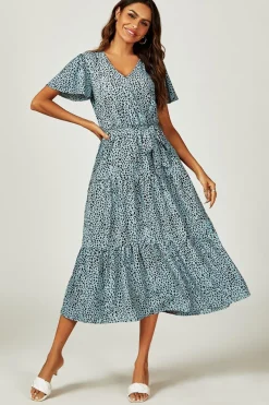 Leopard Print Hem Tiered Wrap Midi Dress In Blue by FS Collection
