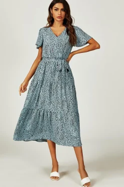 Leopard Print Hem Tiered Wrap Midi Dress In Blue by FS Collection