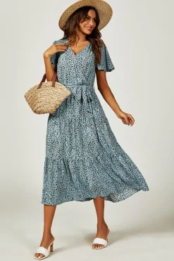 Leopard Print Hem Tiered Wrap Midi Dress In Blue by FS Collection