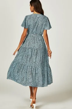 Leopard Print Hem Tiered Wrap Midi Dress In Blue by FS Collection
