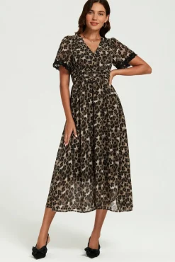 Leopard Print Lace Trim On Sleeve Midi Dress In Brown by FS Collection