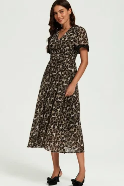 Leopard Print Lace Trim On Sleeve Midi Dress In Brown by FS Collection