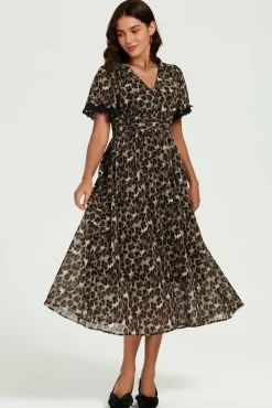 Leopard Print Lace Trim On Sleeve Midi Dress In Brown by FS Collection