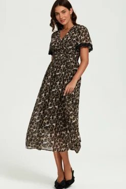 Leopard Print Lace Trim On Sleeve Midi Dress In Brown by FS Collection