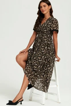 Leopard Print Lace Trim On Sleeve Midi Dress In Brown by FS Collection