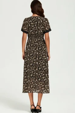 Leopard Print Lace Trim On Sleeve Midi Dress In Brown by FS Collection