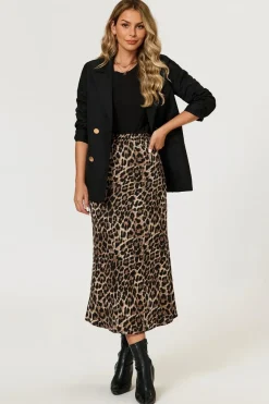 Leopard Print Satin Midi Skirt In Brown by FS Collection