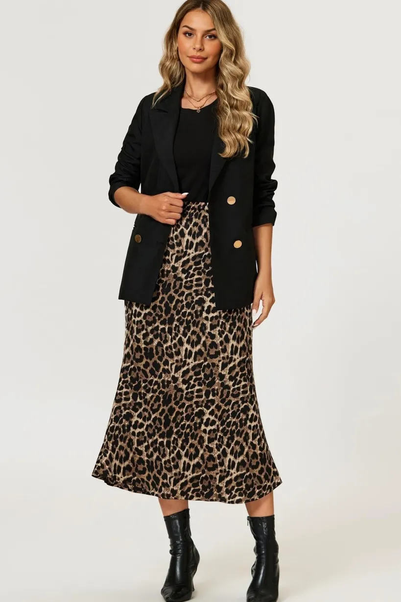 Leopard Print Satin Midi Skirt In Brown by FS Collection