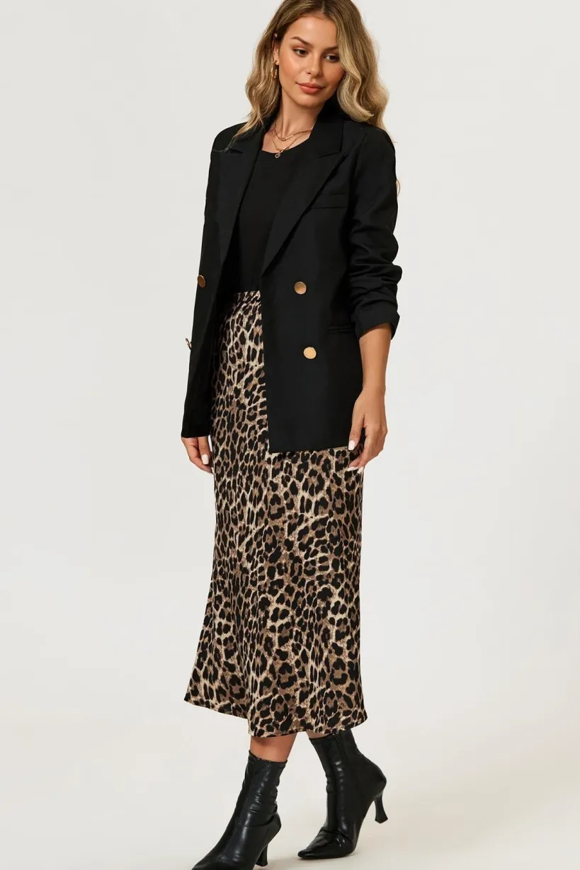 Leopard Print Satin Midi Skirt In Brown by FS Collection