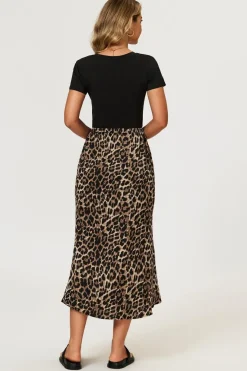 Leopard Print Satin Midi Skirt In Brown by FS Collection