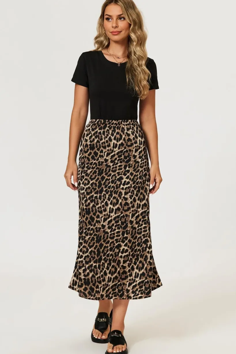 Leopard Print Satin Midi Skirt In Brown by FS Collection