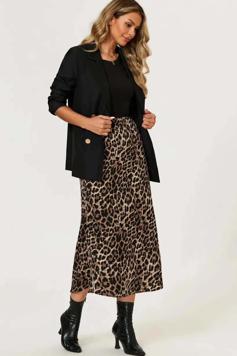 Leopard Print Satin Midi Skirt In Brown by FS Collection
