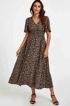 Leopard Print V Neck Midi Dress In Brown by FS Collection