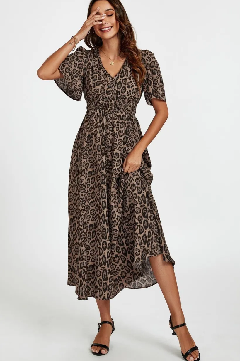 Leopard Print V Neck Midi Dress In Brown by FS Collection