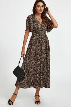 Leopard Print V Neck Midi Dress In Brown by FS Collection