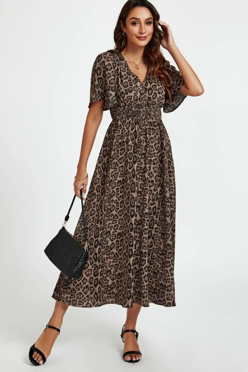 Leopard Print V Neck Midi Dress In Brown by FS Collection