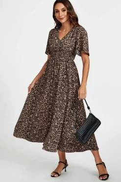 Leopard Print V Neck Midi Dress In Brown by FS Collection