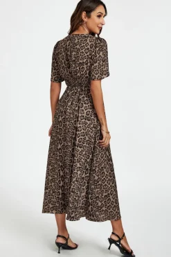 Leopard Print V Neck Midi Dress In Brown by FS Collection
