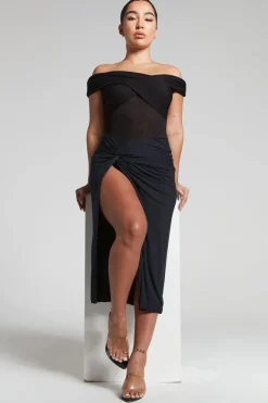 Lexi Black Ruched Knot Midi Skirt by InFlair