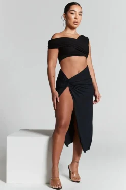 Lexi Black Ruched Knot Midi Skirt by InFlair